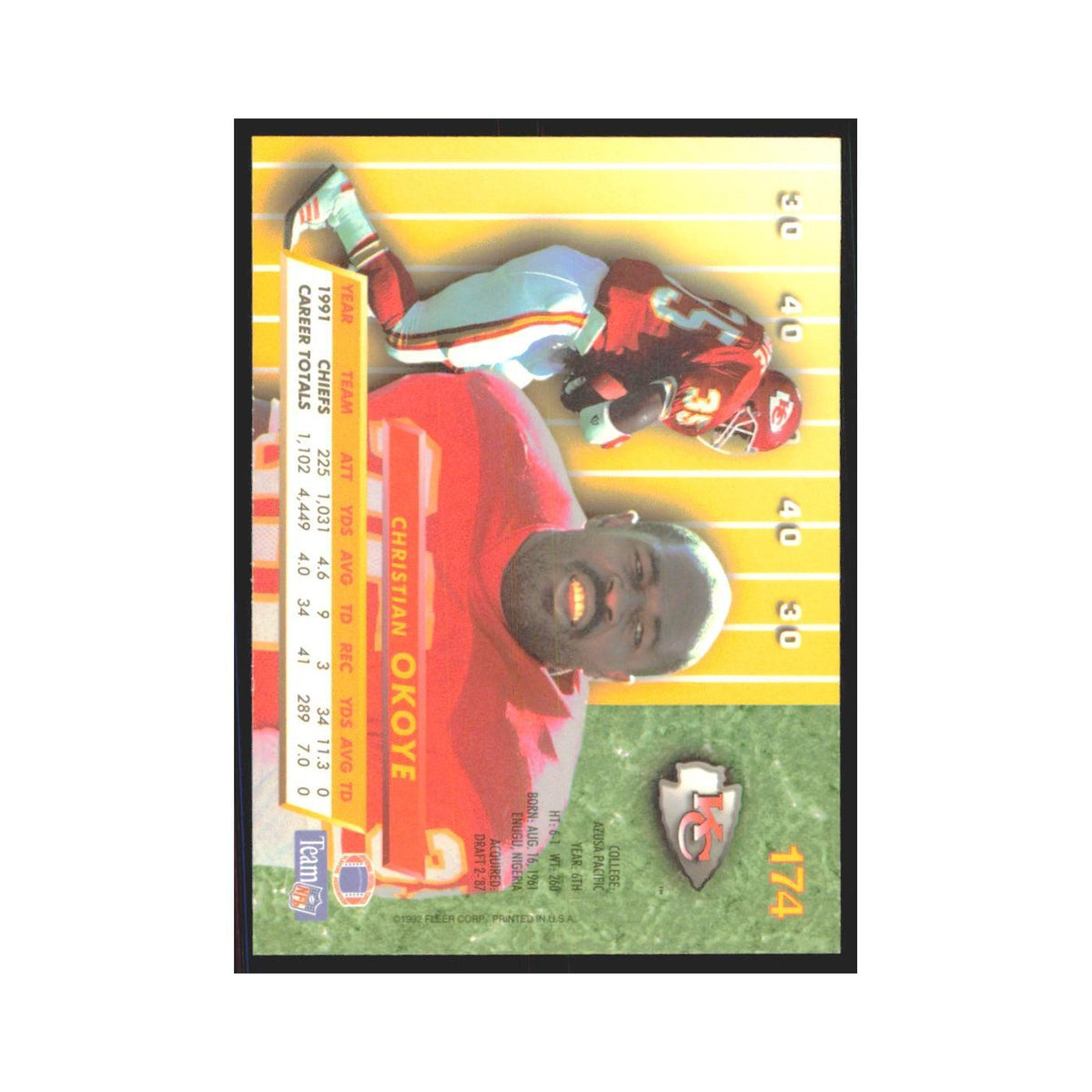 Christian Okoye 1992 Fleer Ultra #174 Football Cards Football Card NM