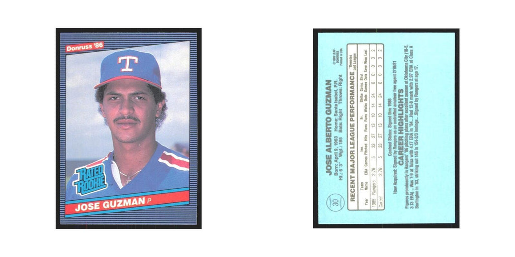 Jose Guzman 1986 Donruss #30 Texas Rangers Baseball Card NM