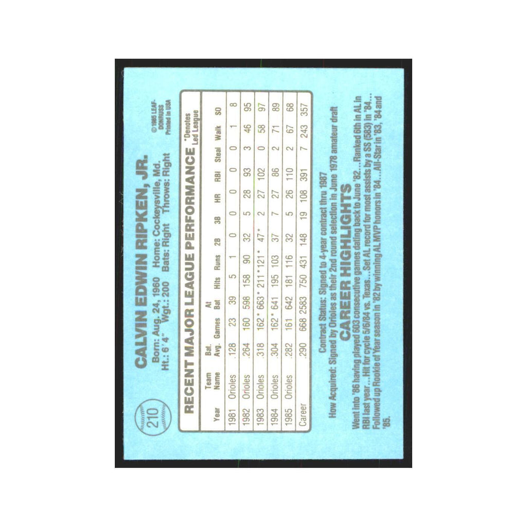 Cal Ripken Jr. 1986 Donruss #210 Baltimore Orioles Baseball Card NM