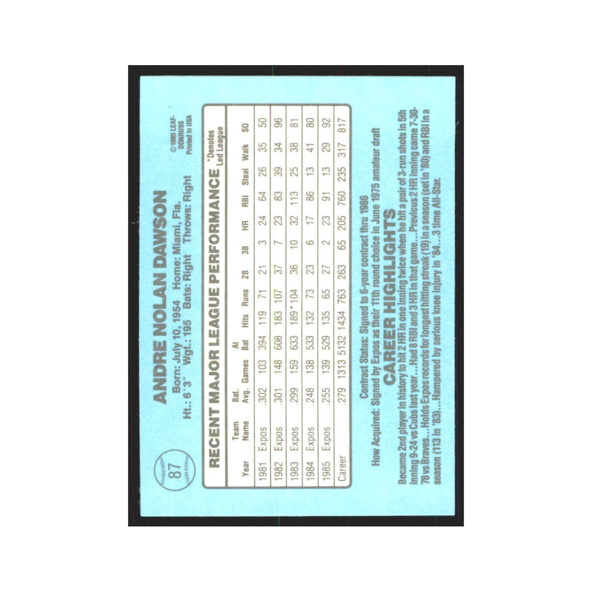 Andre Dawson 1986 Donruss #87 Montreal Expos Baseball Card NM