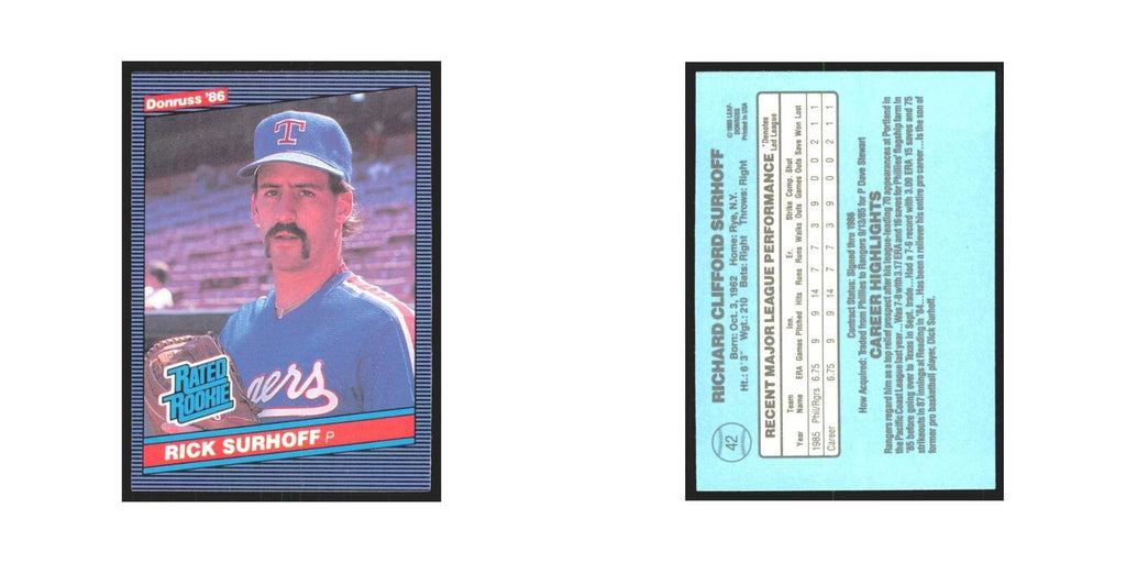 Rick Surhoff Rookie 1986 Donruss #42 Rangers Baseball Card NM