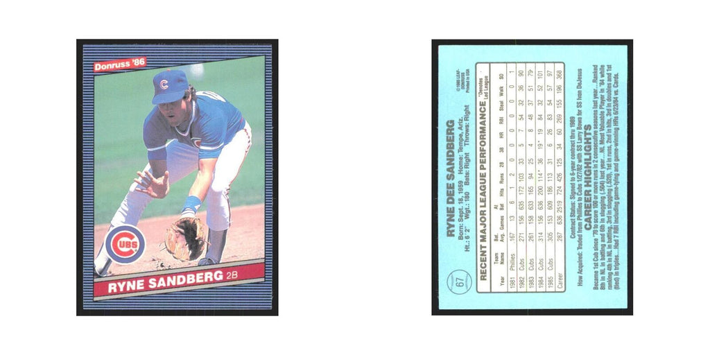 Ryne Sandberg 1986 Donruss #67 Chicago Cubs Baseball Card NM