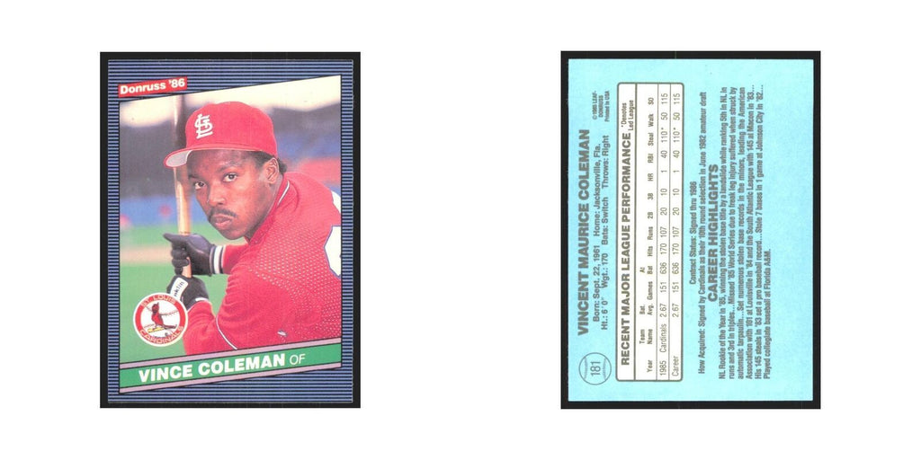 Vince Coleman 1986 Donruss #181 St. Louis Cardinals Baseball Card NM