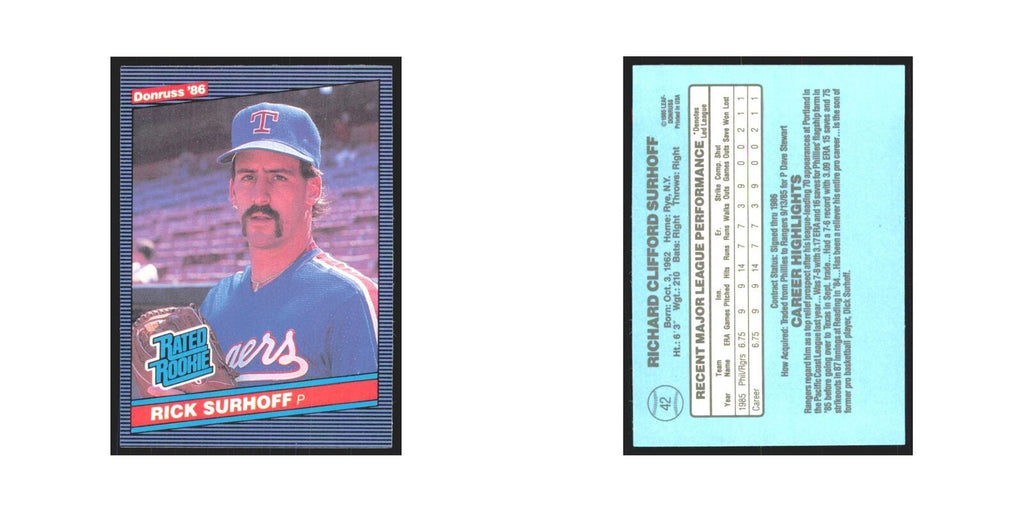 Rick Surhoff Rookie 1986 Donruss #42 Texas Rangers Baseball Card NM