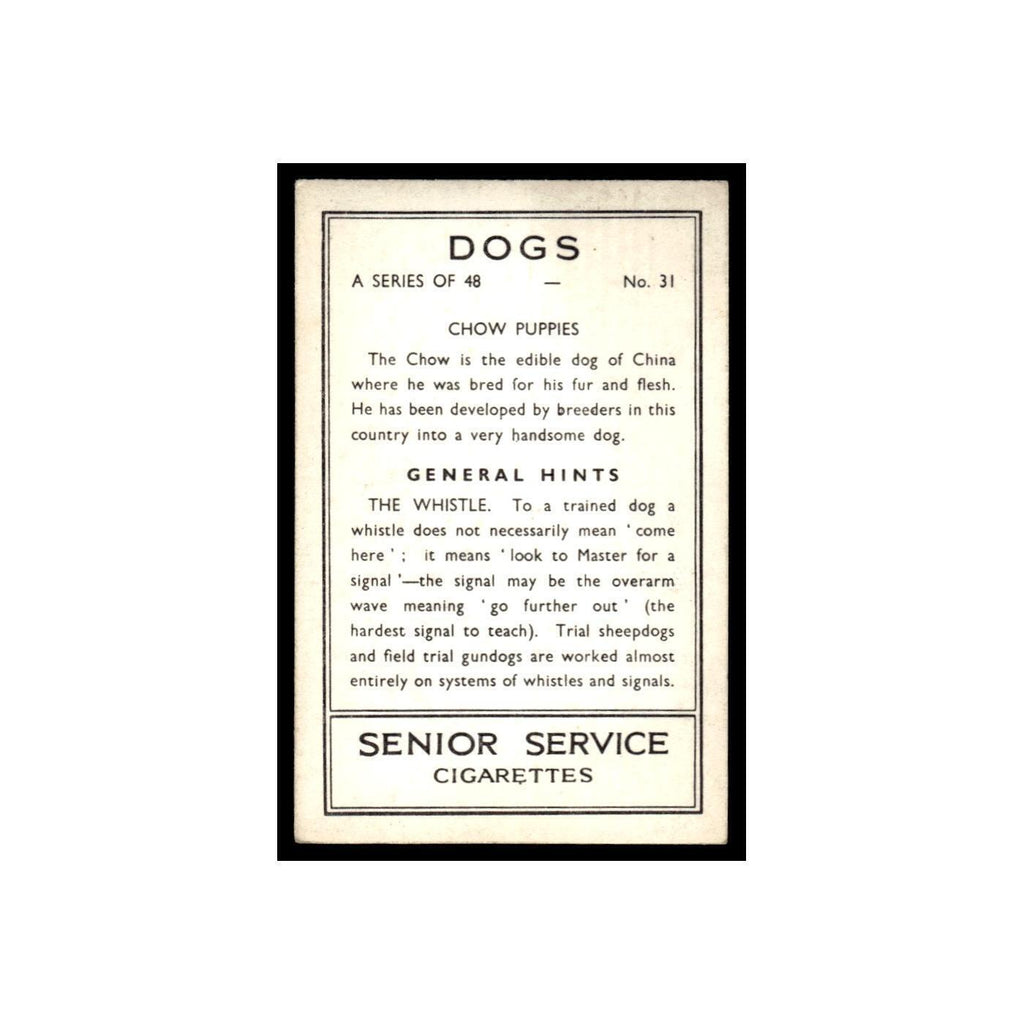 Chow Puppies 1939 Senior Service Dogs #31 Tobacco Card VG