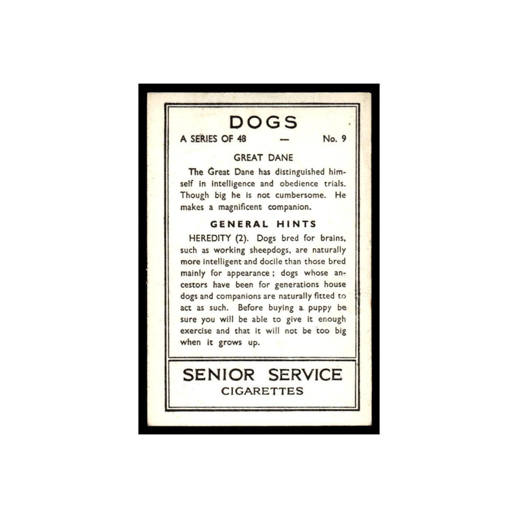 Great Dane 1939 Senior Service Dogs #9 Tobacco Card VG