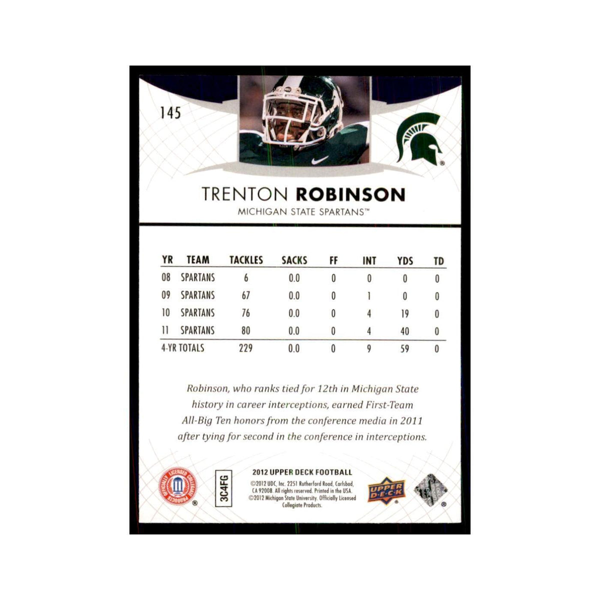 Trenton Robinson Rookie 2012 Upper Deck #145 Football Cards Football Card NM