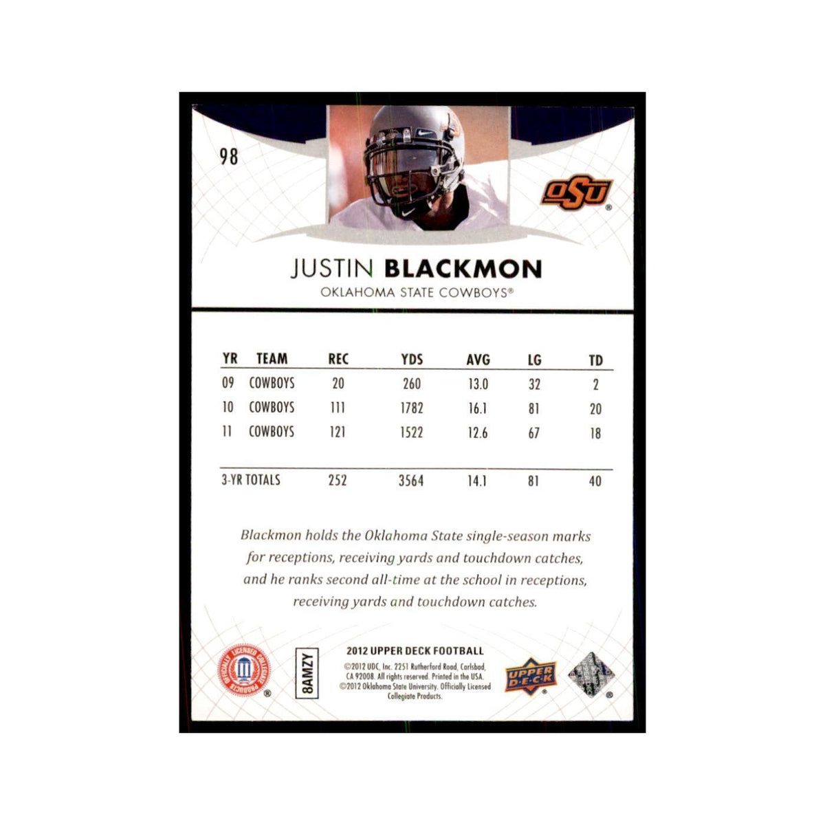 Justin Blackmon Rookie 2012 Upper Deck #98 Football Cards Football Card NM