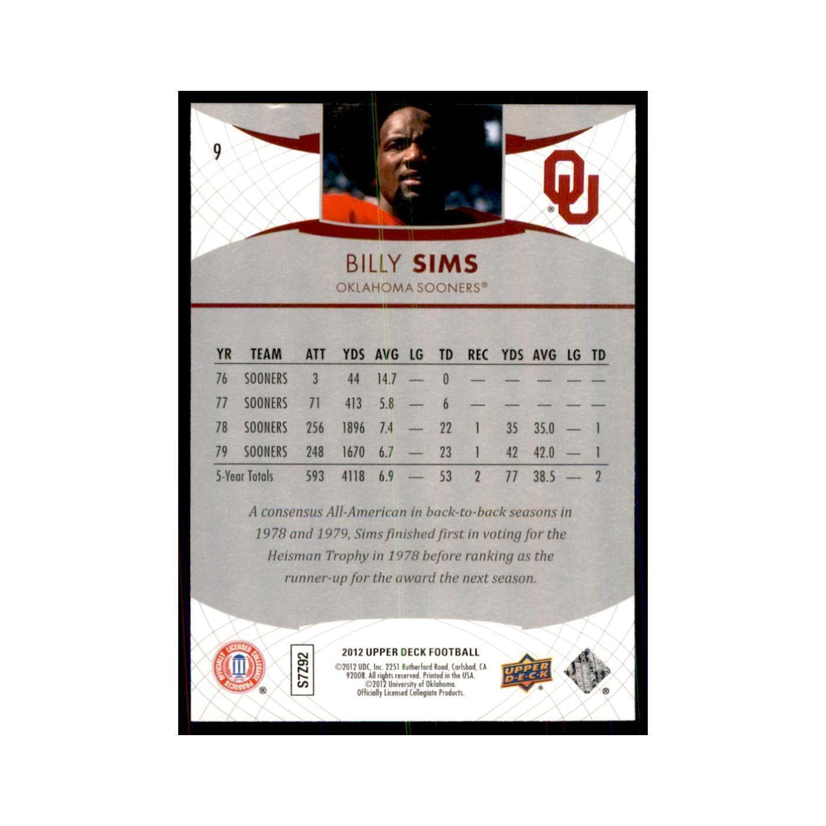 Billy Sims 2012 Upper Deck #9 Football Cards Football Card NM