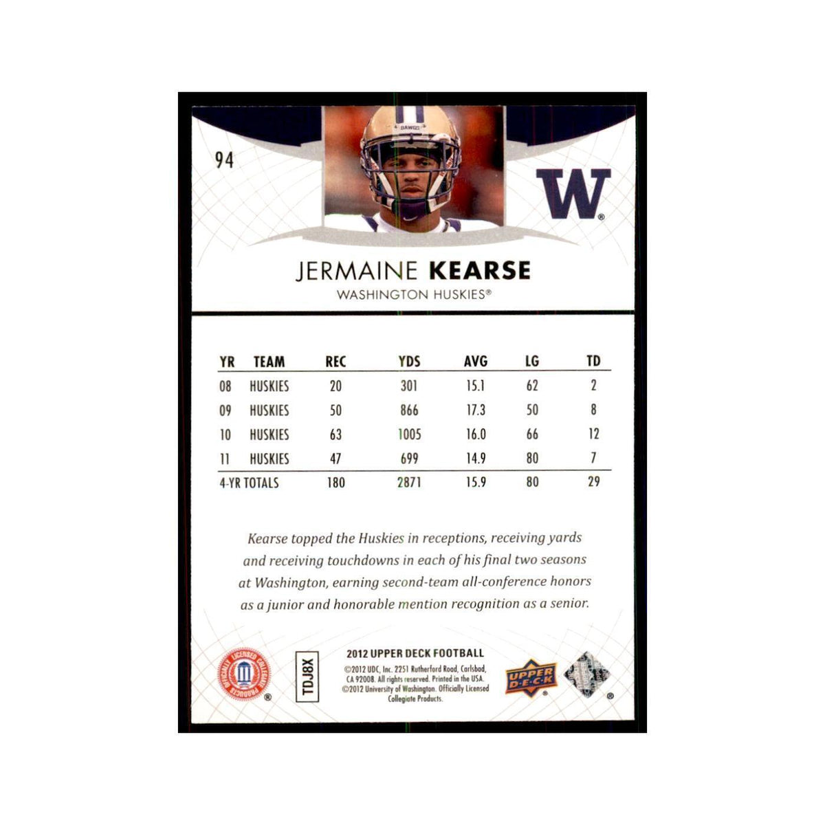 Jermaine Kearse Rookie 2012 Upper Deck #94 Football Cards Football Card NM