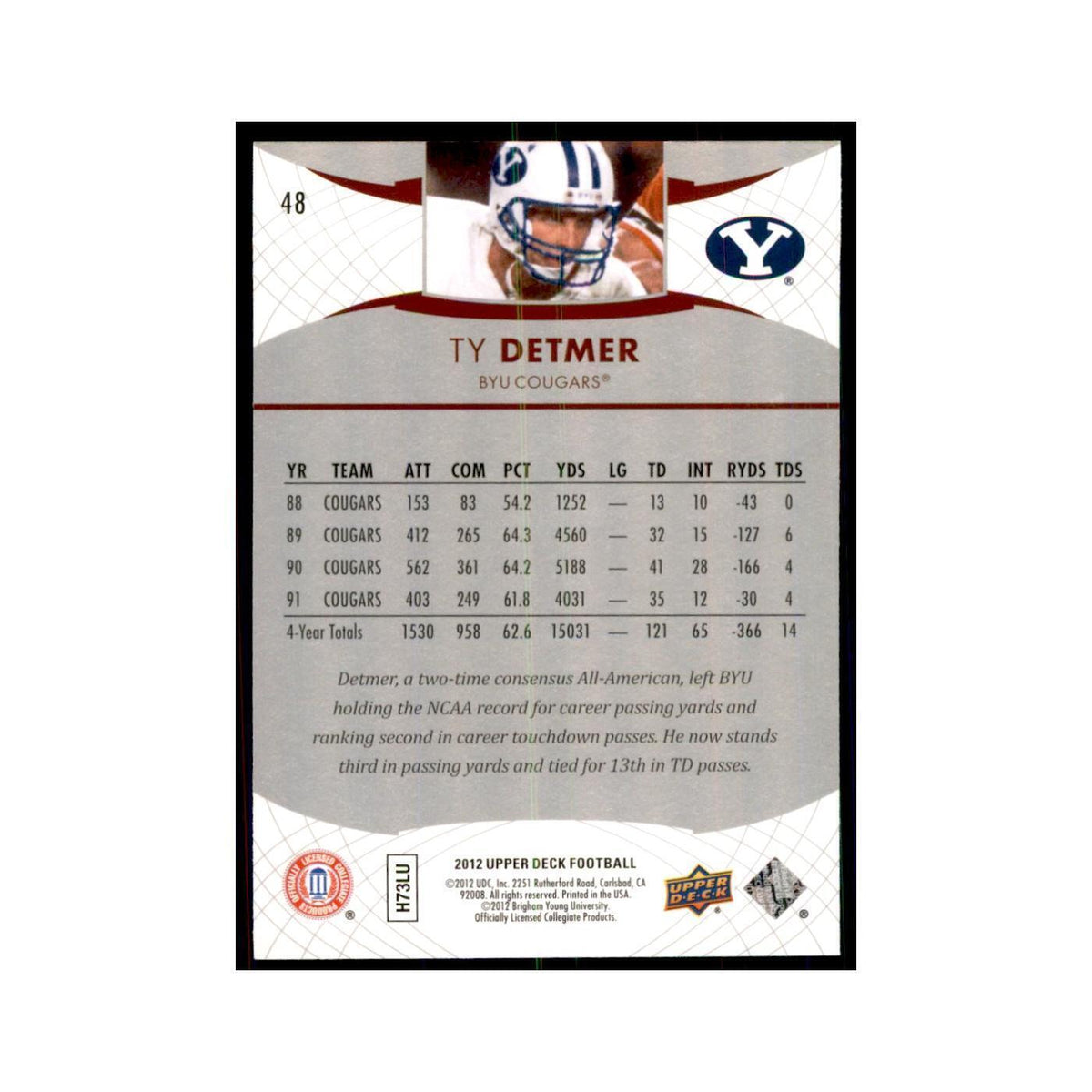 Ty Detmer 2012 Upper Deck #48 Football Cards Football Card NM