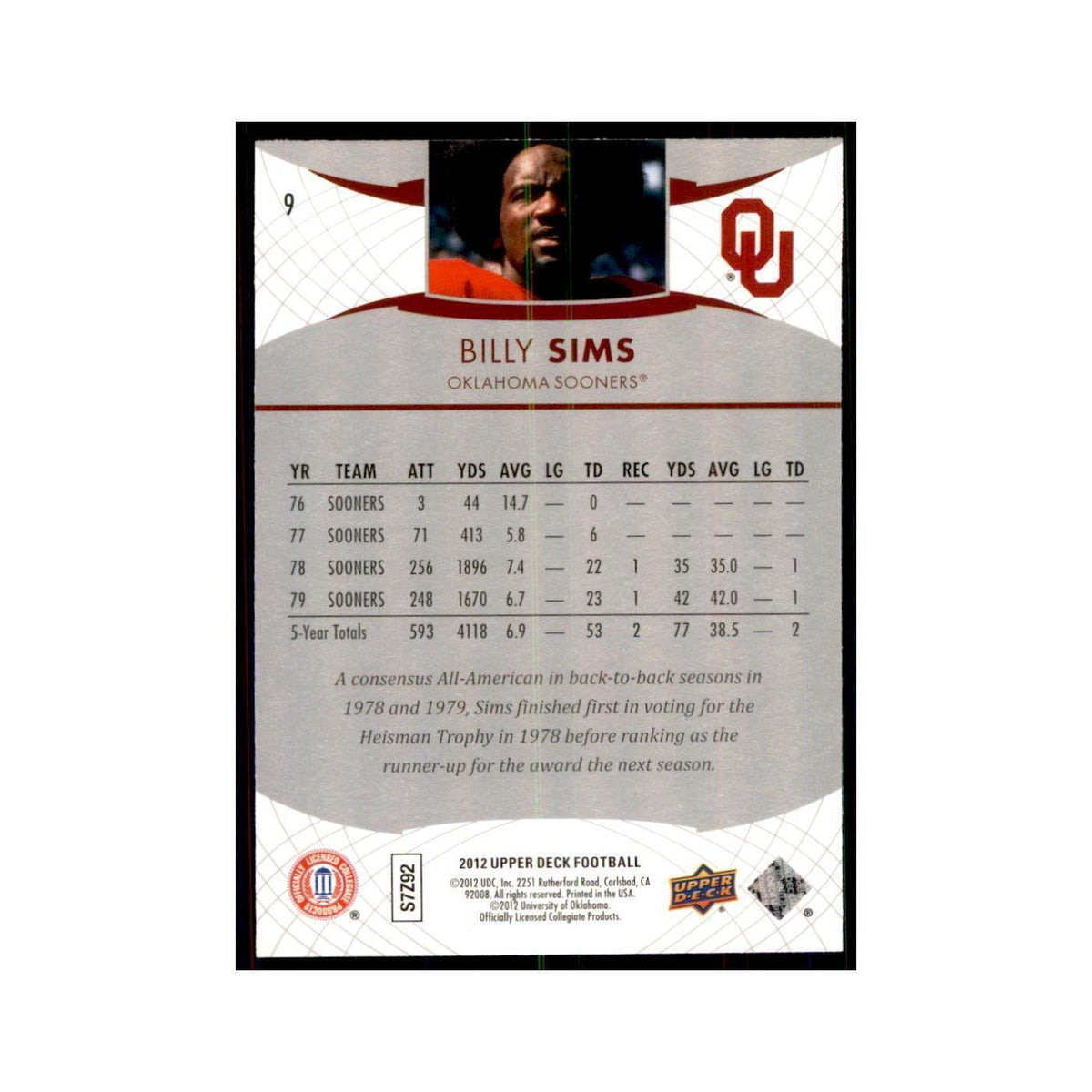 Billy Sims 2012 Upper Deck #9 Football Cards Football Card NM