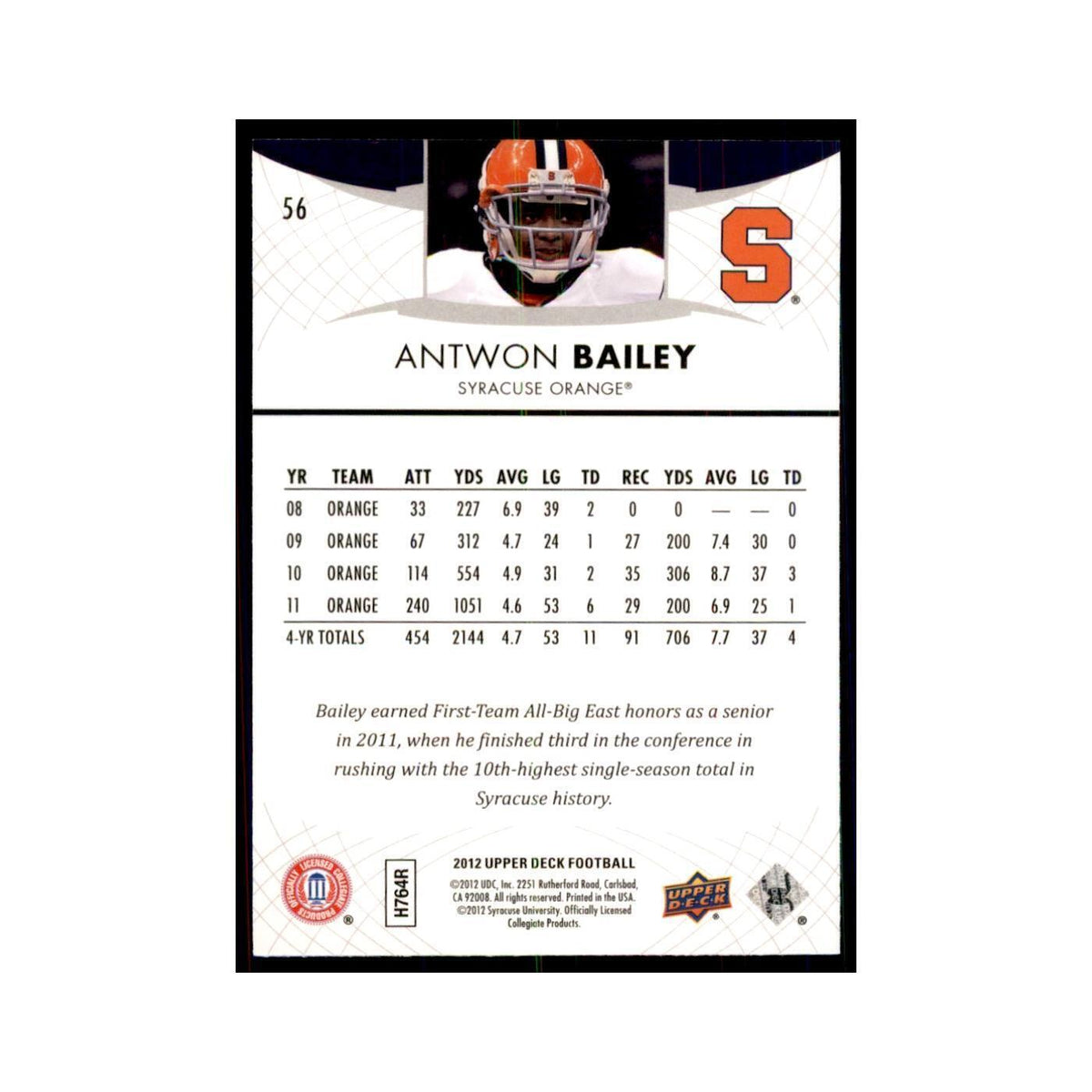 Antwon Bailey Rookie 2012 Upper Deck #56 Football Cards Football Card NM