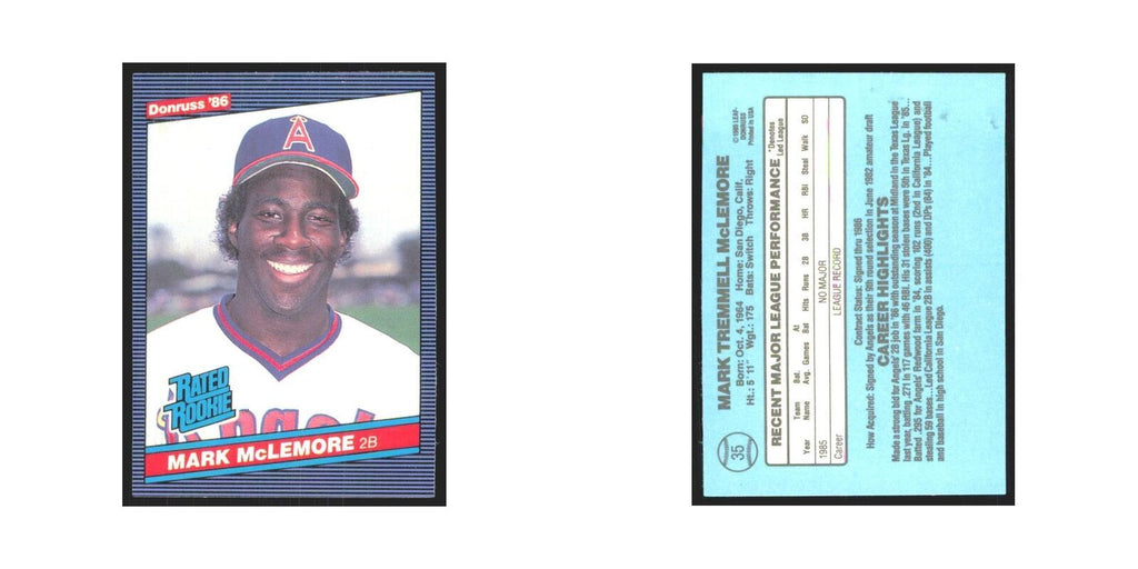 Mark McLemore Rookie 1986 Donruss #35 California Angels Baseball Card NM