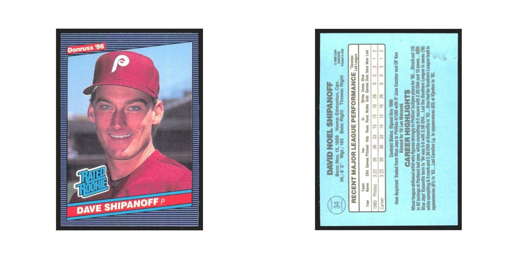 Dave Shipanoff Rookie 1986 Donruss #34 Philadelphia Phillies Baseball Card NM