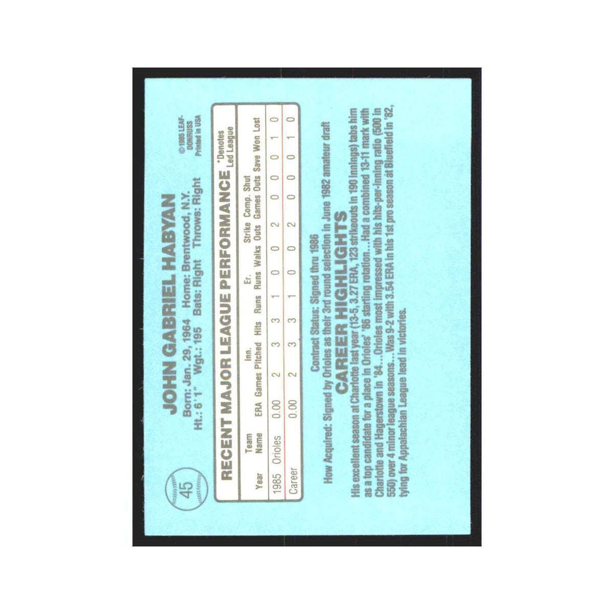 John Habyan Rookie 1986 Donruss #45 Baltimore Orioles Baseball Card NM