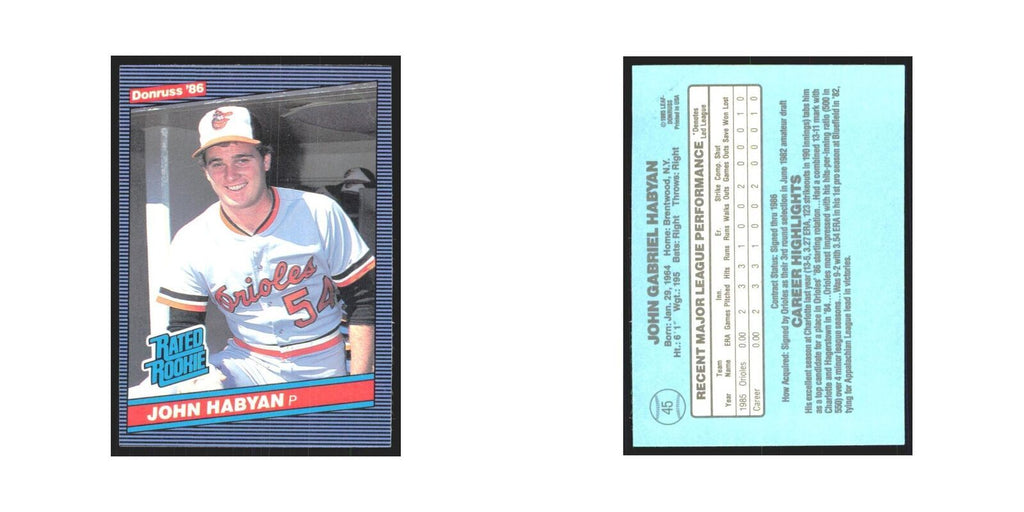 John Habyan Rookie 1986 Donruss #45 Baltimore Orioles Baseball Card NM