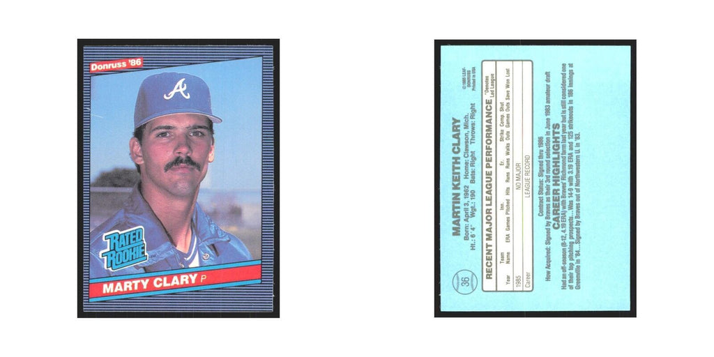 Marty Clary Rookie 1986 Donruss #36 Atlanta Braves Baseball Card NM