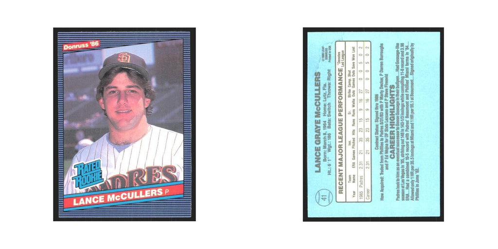 Lance McCullers Rookie 1986 Donruss #41 San Diego Padres Baseball Card NM