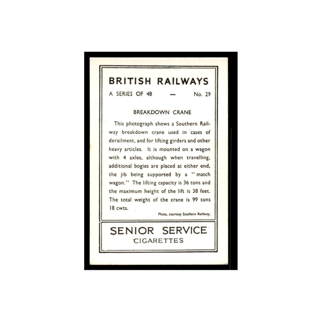 Breakdown Crane 1938 Senior Service British Railways #29 Tobacco Card VG