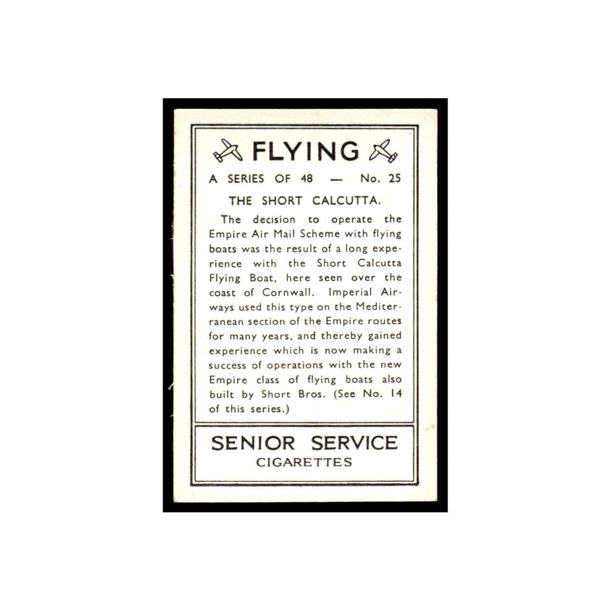 The Short Calcutta 1938 Senior Service Flying #25 Tobacco Card VG