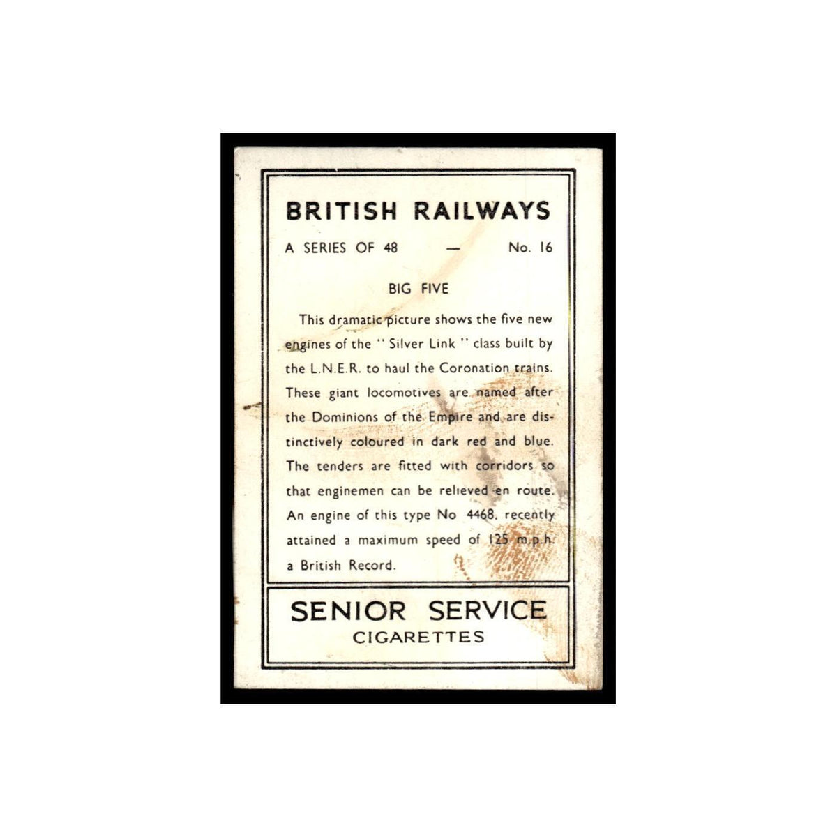 Big Five 1938 Senior Service British Railways #16 Tobacco Card VG