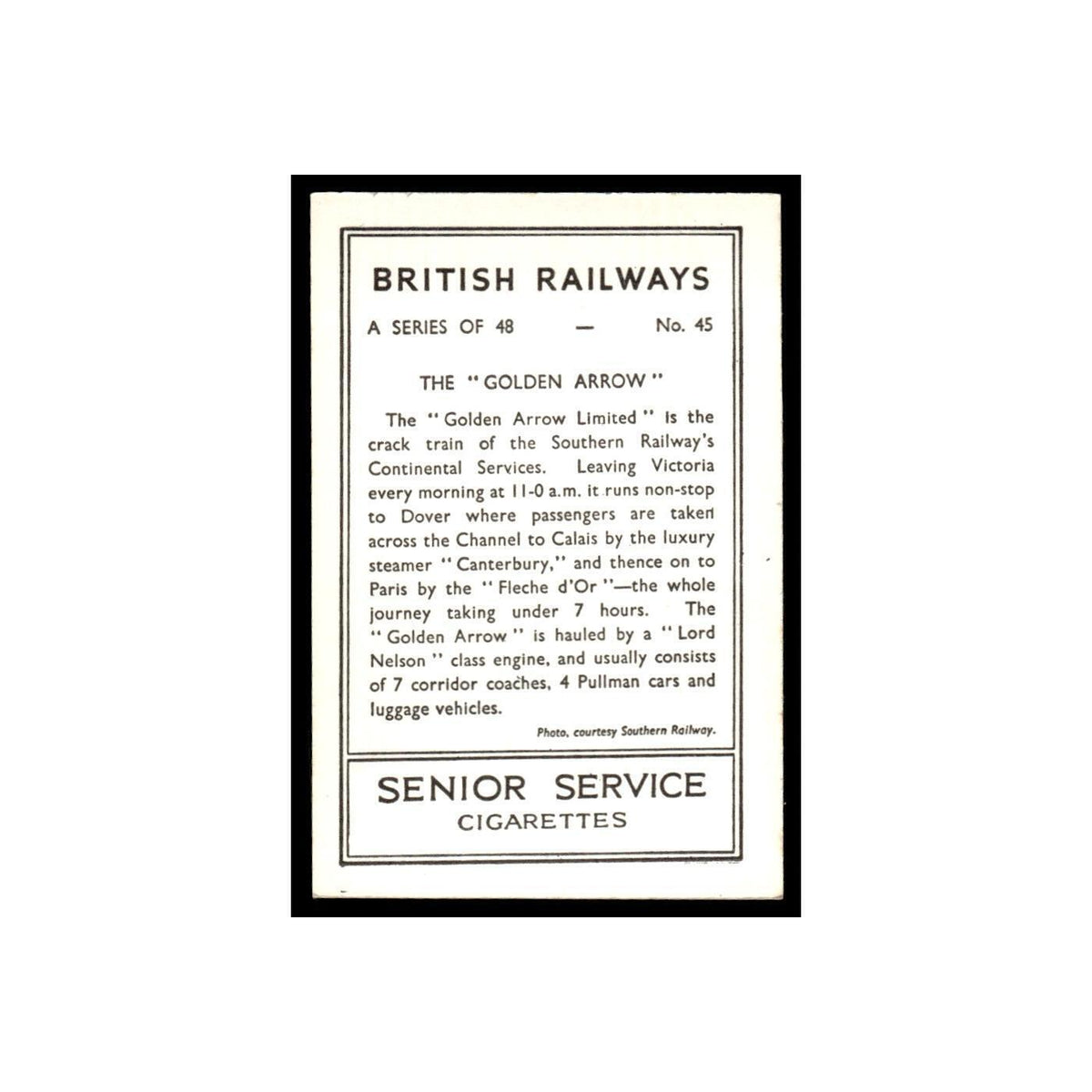 The Golden Arrow 1938 Senior Service British Railways #45 Tobacco Card VG