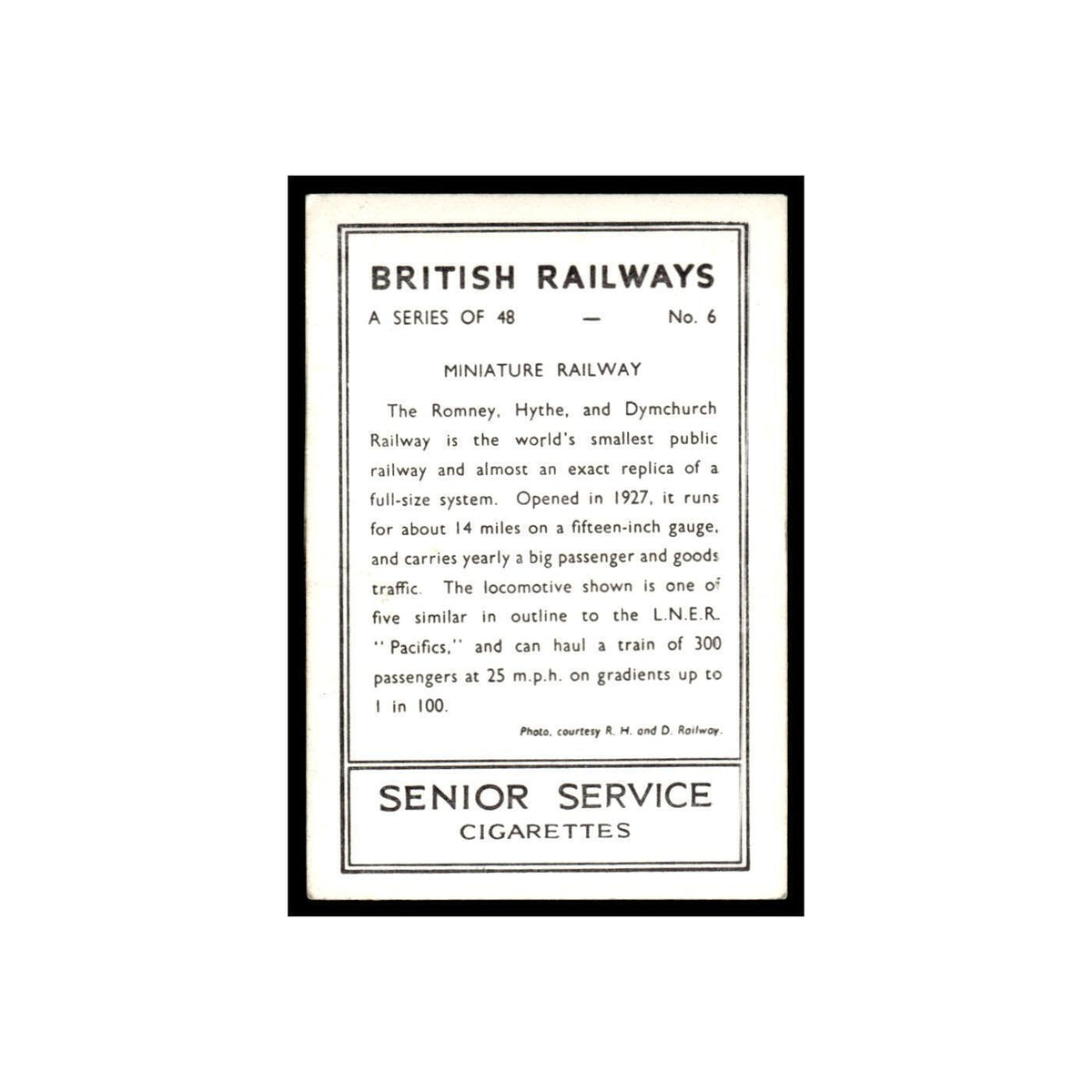 Miniature Railway 1938 Senior Service British Railways #6 TobaccoCard VG