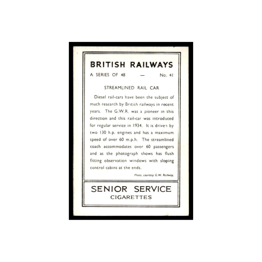 Streamlined Rail Car 1938 Senior Service British Railways #41 Tobacco Card VG