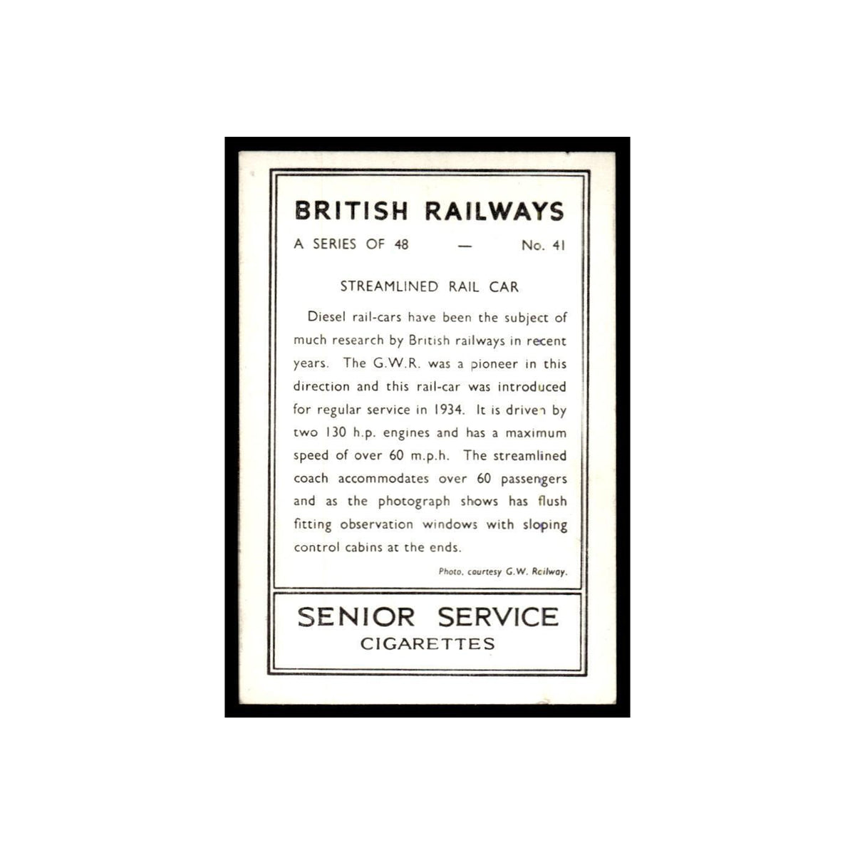 Streamlined Rail Car 1938 Senior Service British Railways #41 Tobacco Card VG