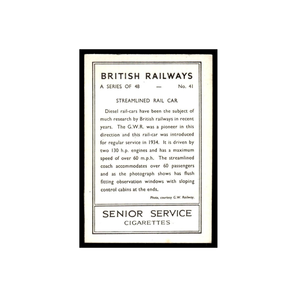 Streamlined Rail Car 1938 Senior Service British Railways #41 Tobacco Card VG