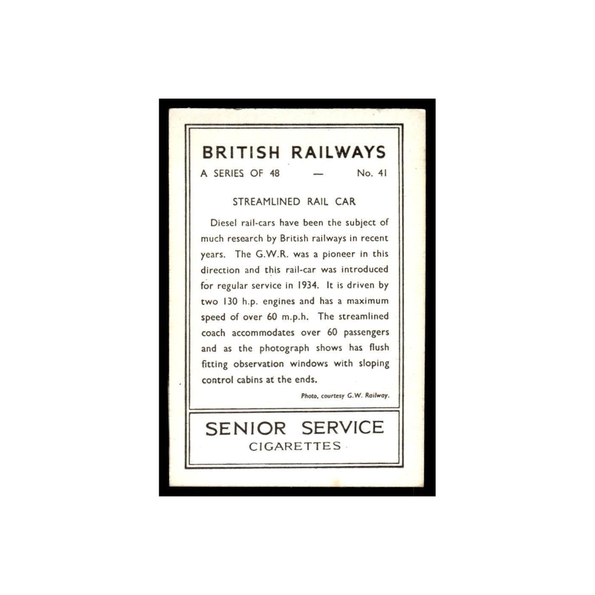 Streamlined Rail Car 1938 Senior Service British Railways #41 Tobacco Card VG