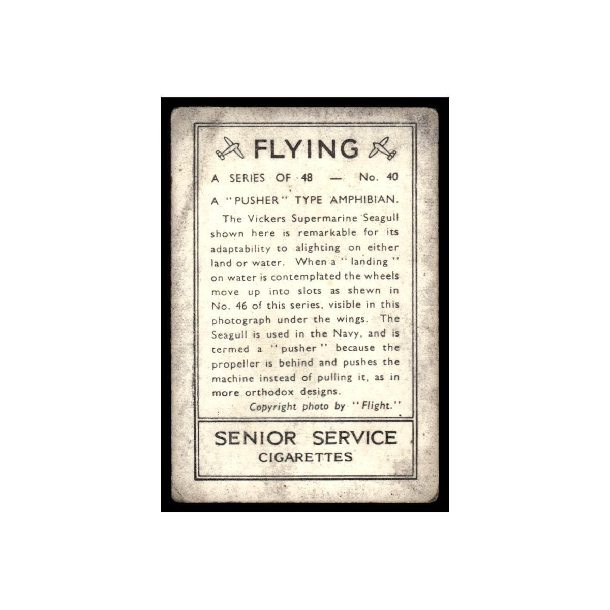 Pusher Type Amphibian 1938 Senior Service Flying #40 Tobacco Card VG