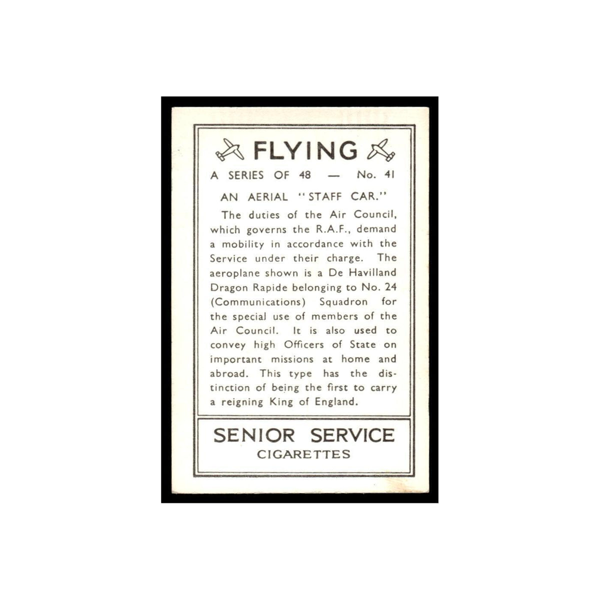 Aerial Staff Car 1938 Senior Service Flying #41 Tobacco Card VG