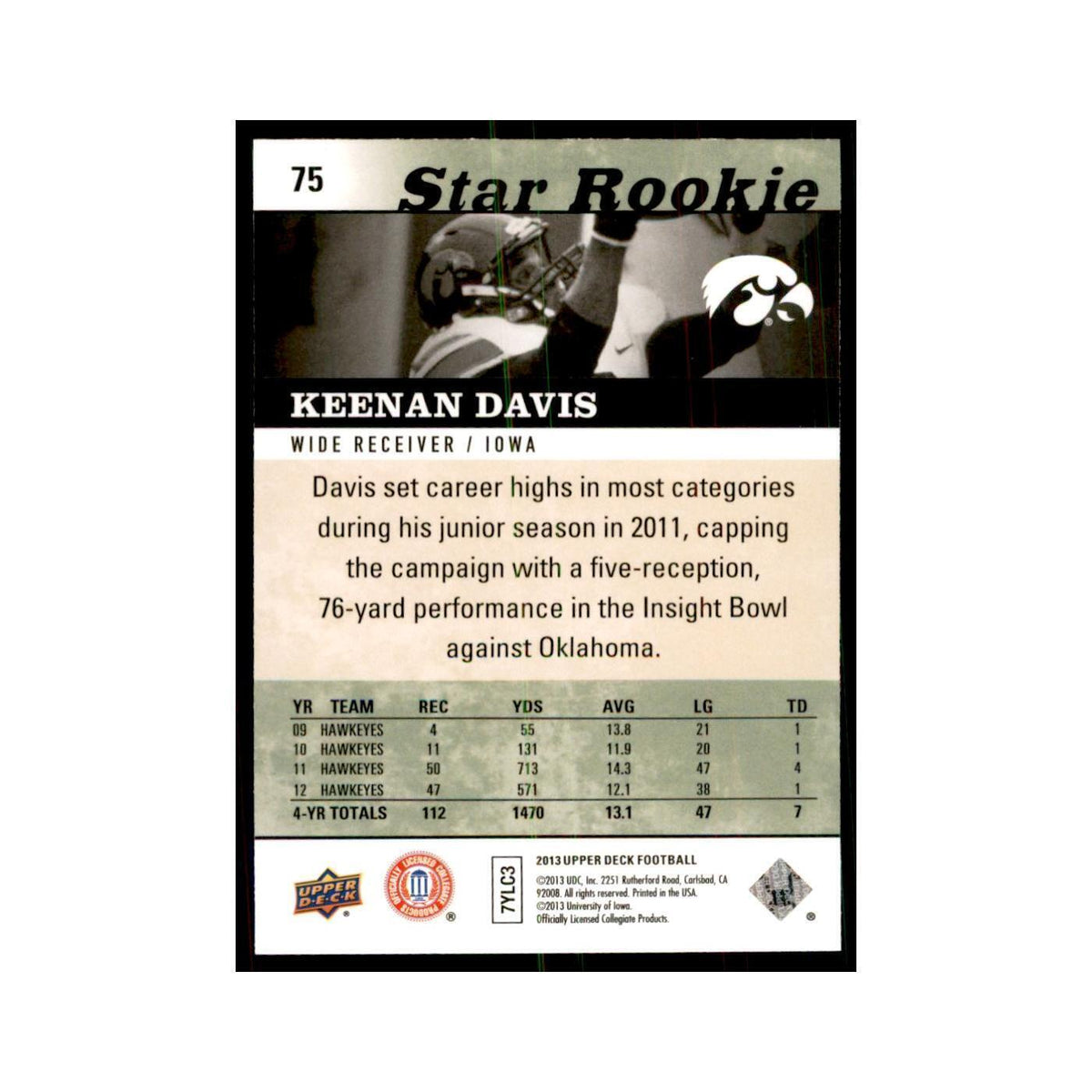 Keenan Davis Rookie 2013 Upper Deck #75 Football Cards Football Card NM