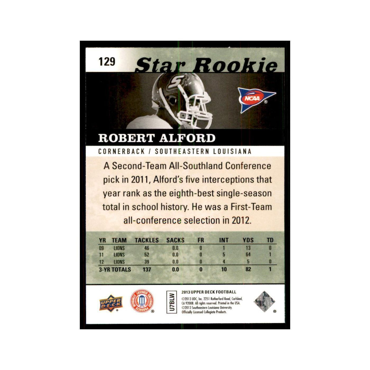 Robert Alford Rookie 2013 Upper Deck #129 Football Cards Football Card NM