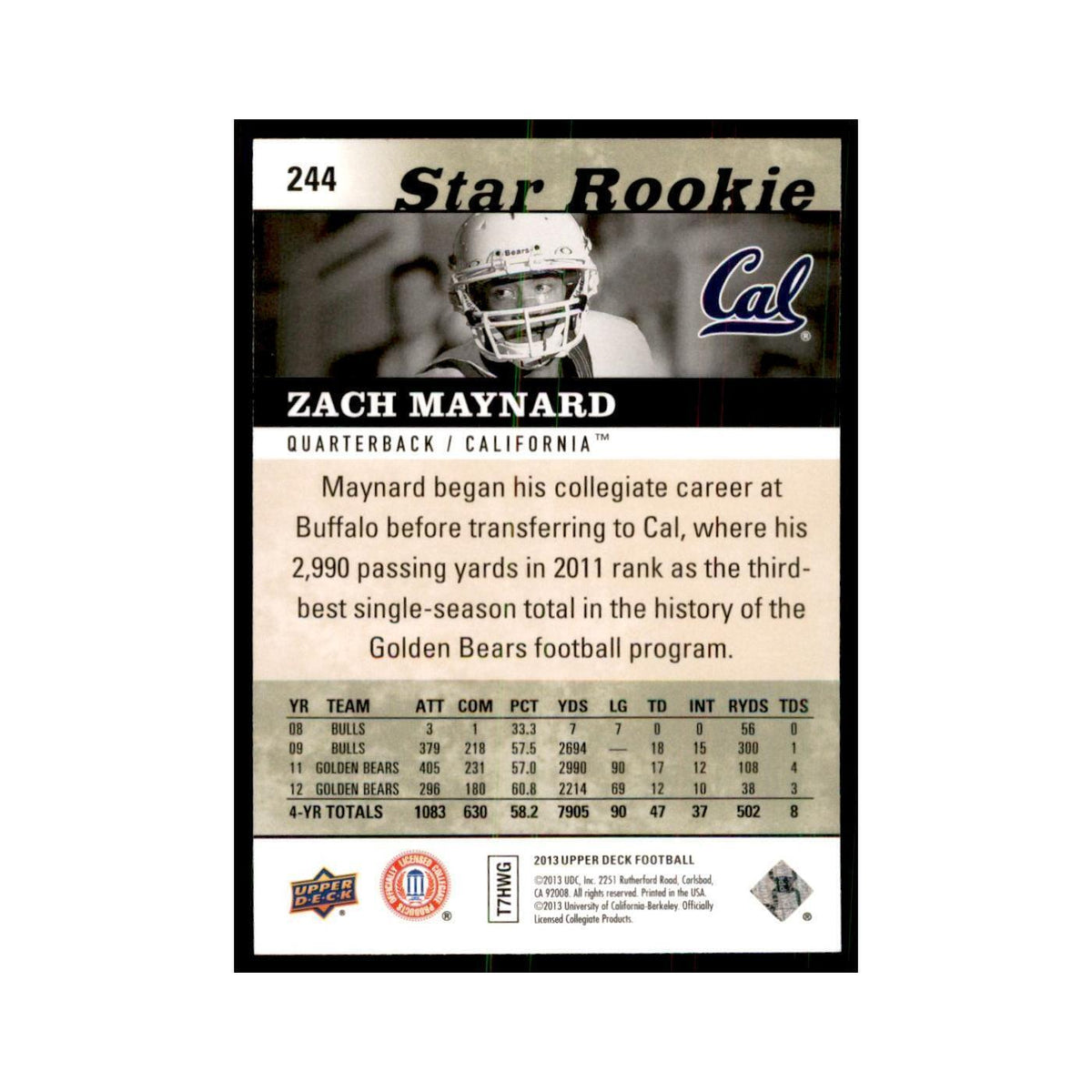 Zach Maynard 2013 Upper Deck #244 Football Cards Football Card NM