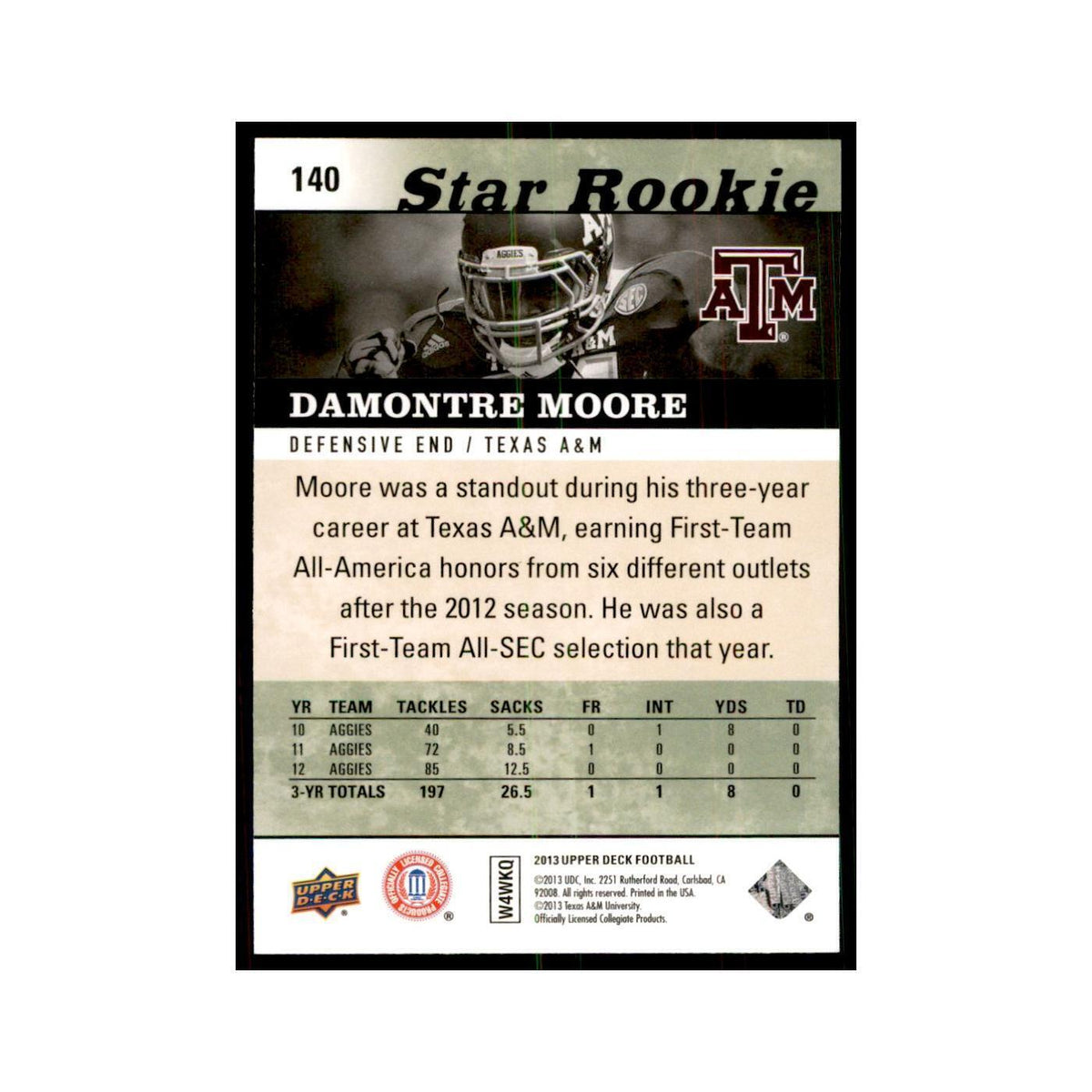 Damontre Moore Rookie 2013 Upper Deck #140 Football Cards Football Card NM