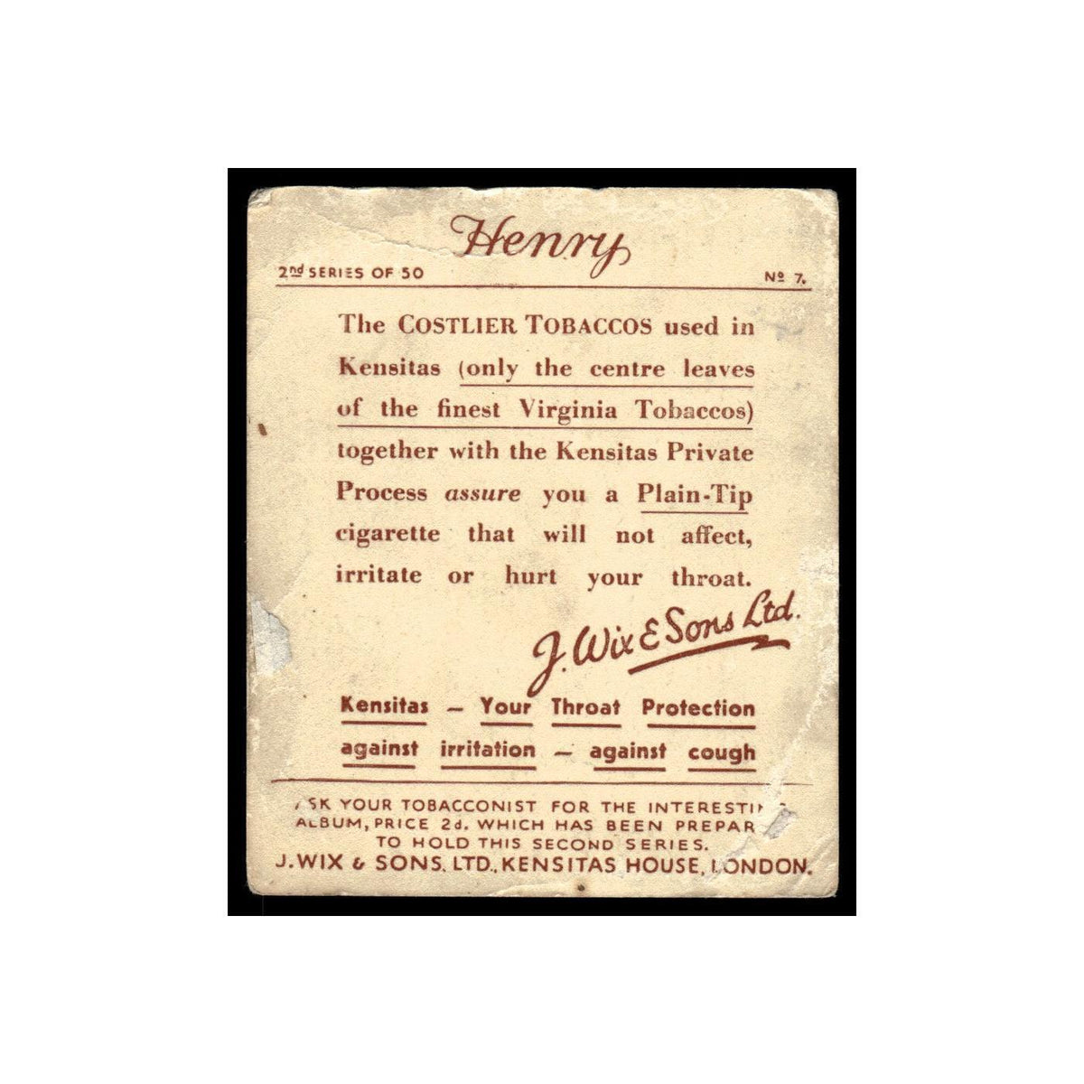 Henry 1936 Kensitas House 2nd Series #7 Tobacco Card Poor