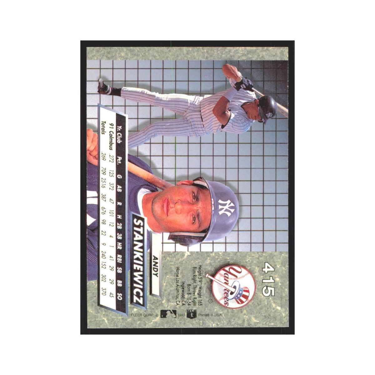 Andy Stankiewicz Rookie 1992 Fleer Ultra #415 New York Yankees Baseball Card NM