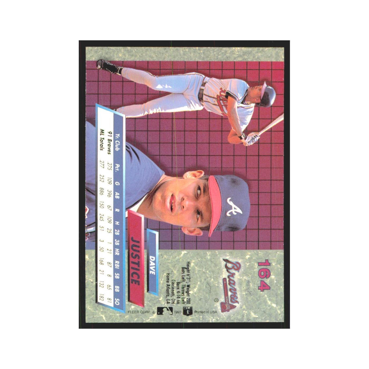 Dave Justice 1992 Fleer Ultra #164 Atlanta Braves Baseball Card NM
