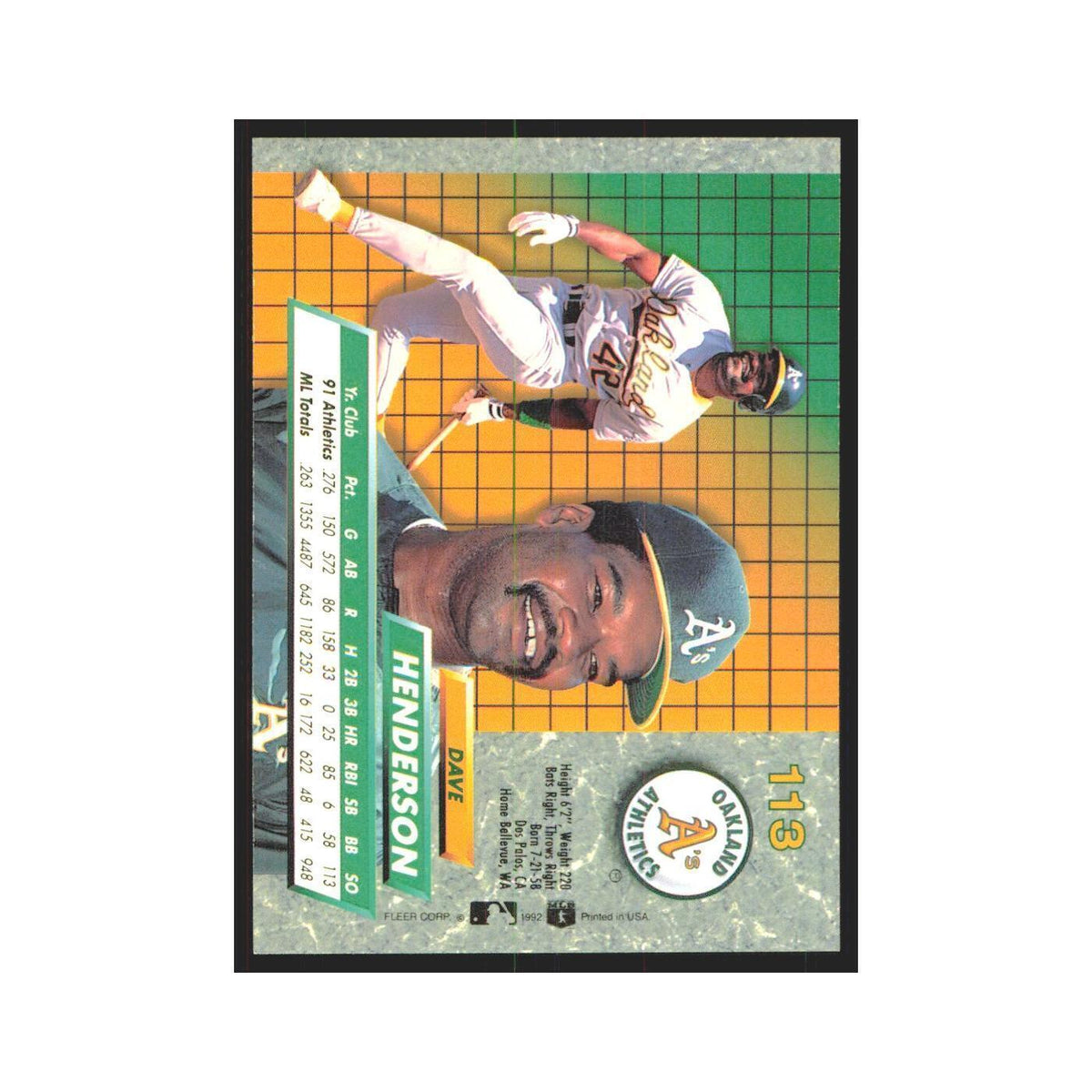 Dave Henderson 1992 Fleer Ultra #113 Oakland Athletics Baseball Card NM