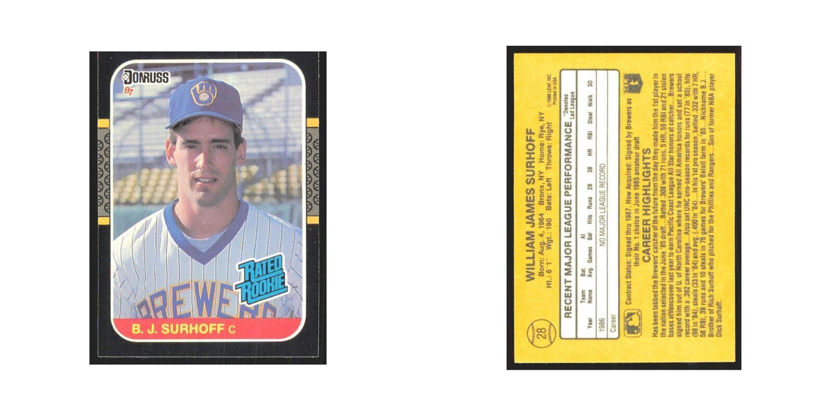 B.J. Surhoff Rookie 1987 Donruss #28 Milwaukee Brewers Baseball Card NM