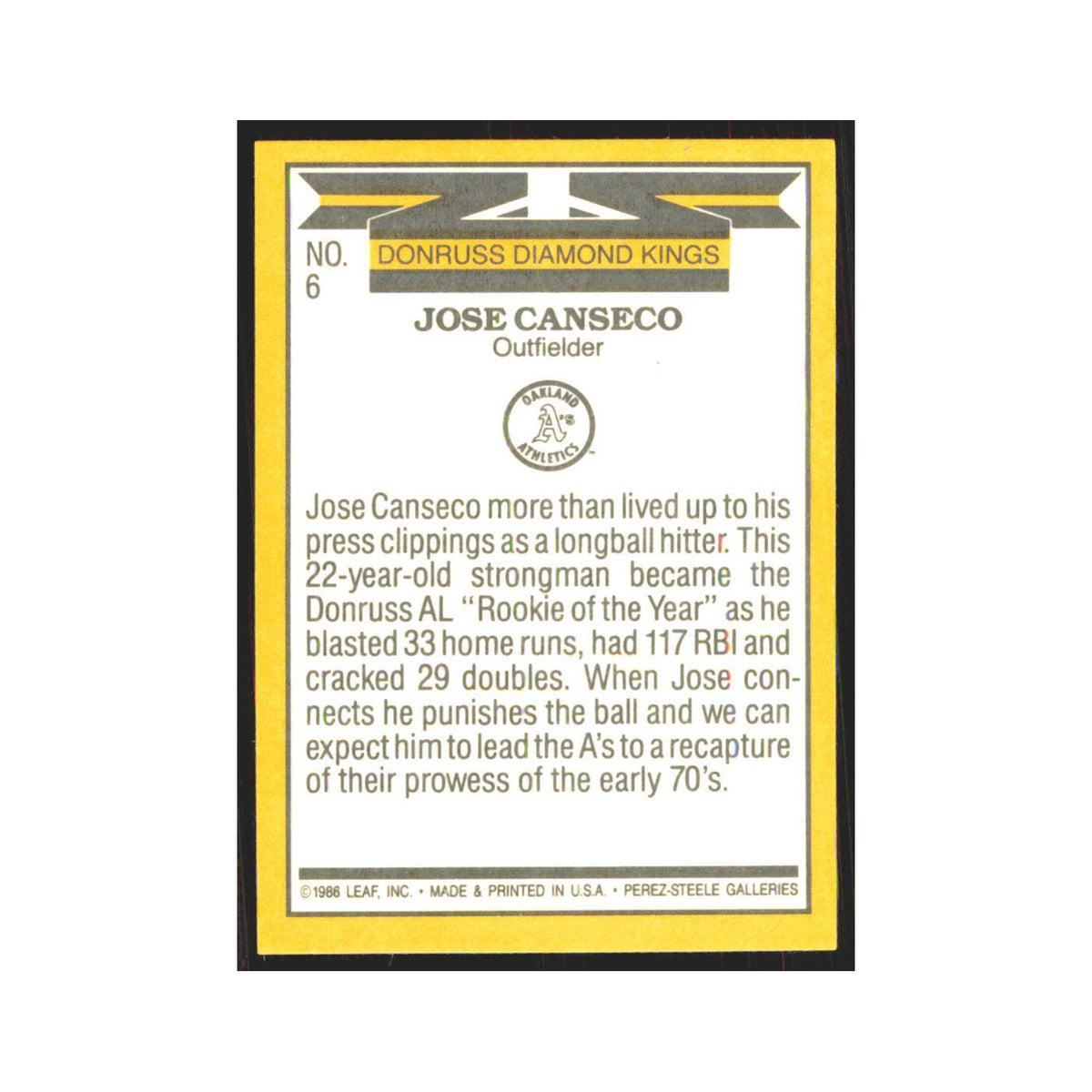 Jose Canseco 1987 Donruss #6 Oakland Athletics Baseball Card NM
