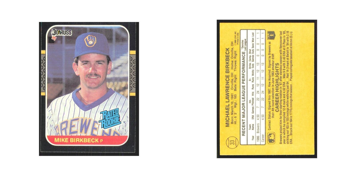 Mike Birkbeck Rookie 1987 Donruss #33 Milwaukee Brewers Baseball Card NM
