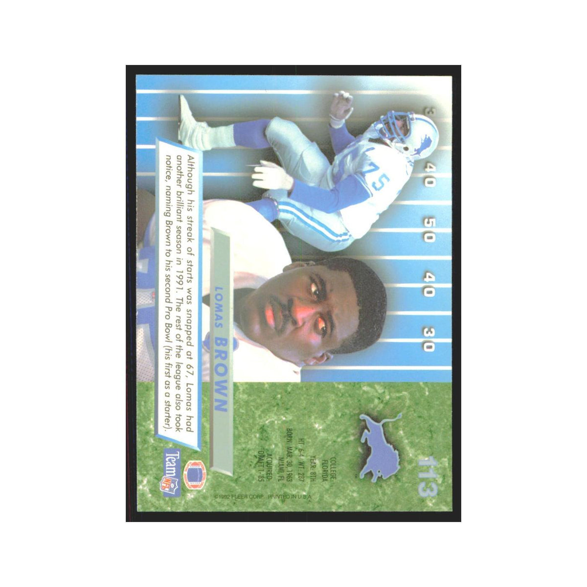 Lomas Brown 1992 Fleer Ultra #113 Football Cards Football Card NM