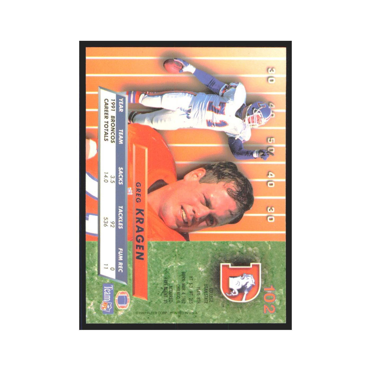 Greg Kragen 1992 Fleer Ultra #102 Football Cards Football Card NM