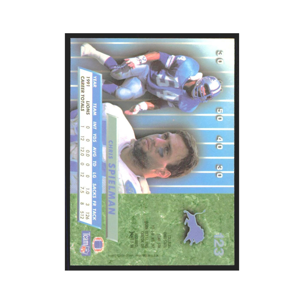 Chris Spielman 1992 Fleer Ultra #123 Football Cards Football Card NM