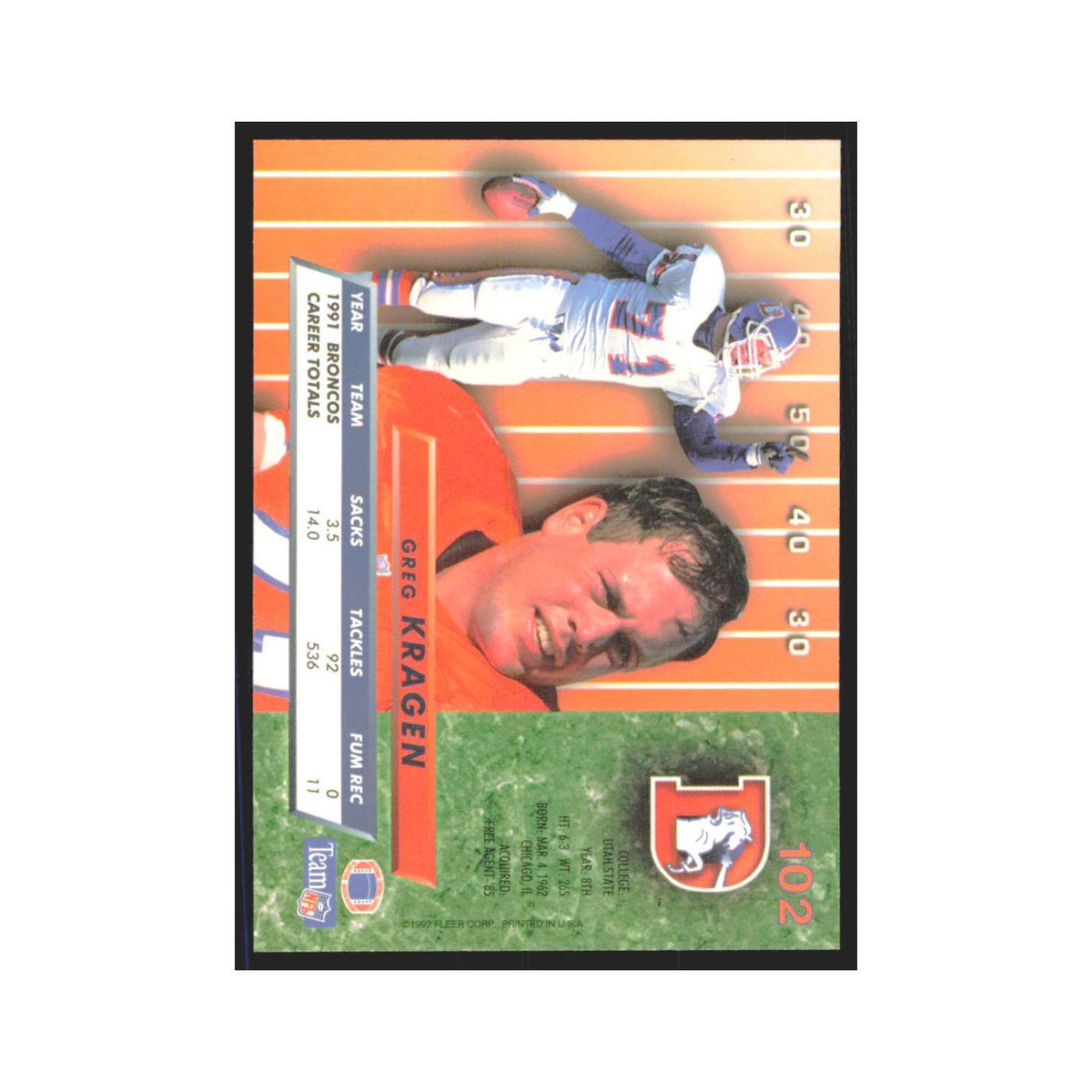 Greg Kragen 1992 Fleer Ultra #102 Football Cards Football Card NM