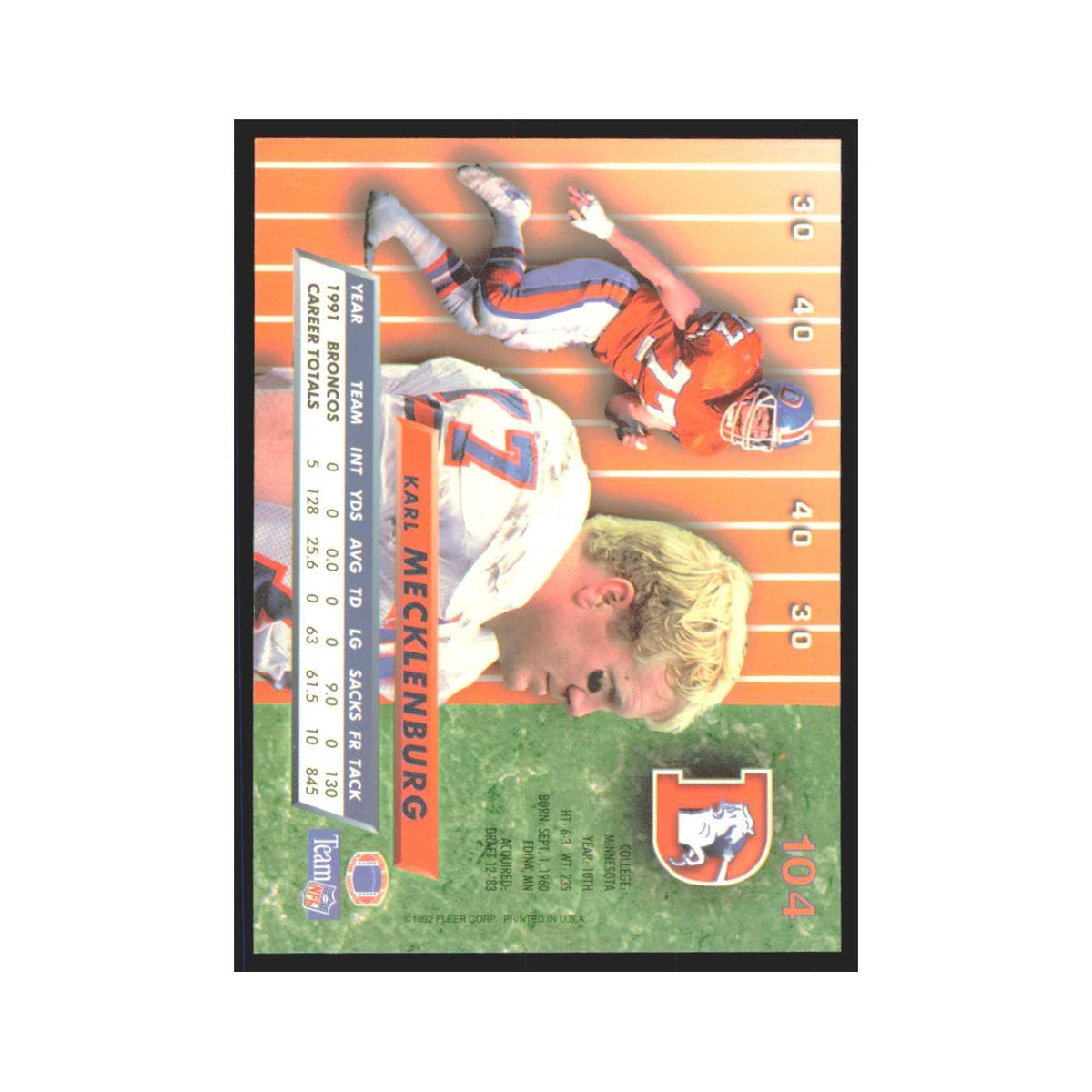Karl Mecklenburg 1992 Fleer Ultra #104 Football Cards Football Card NM